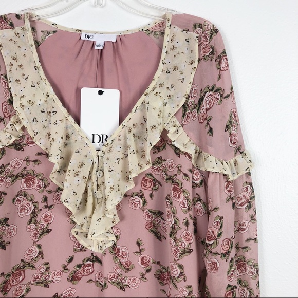 DR2 By Daniel Rainn Rose Baby Pink Floral Print Ruffle Blouse - Picture 3 of 8